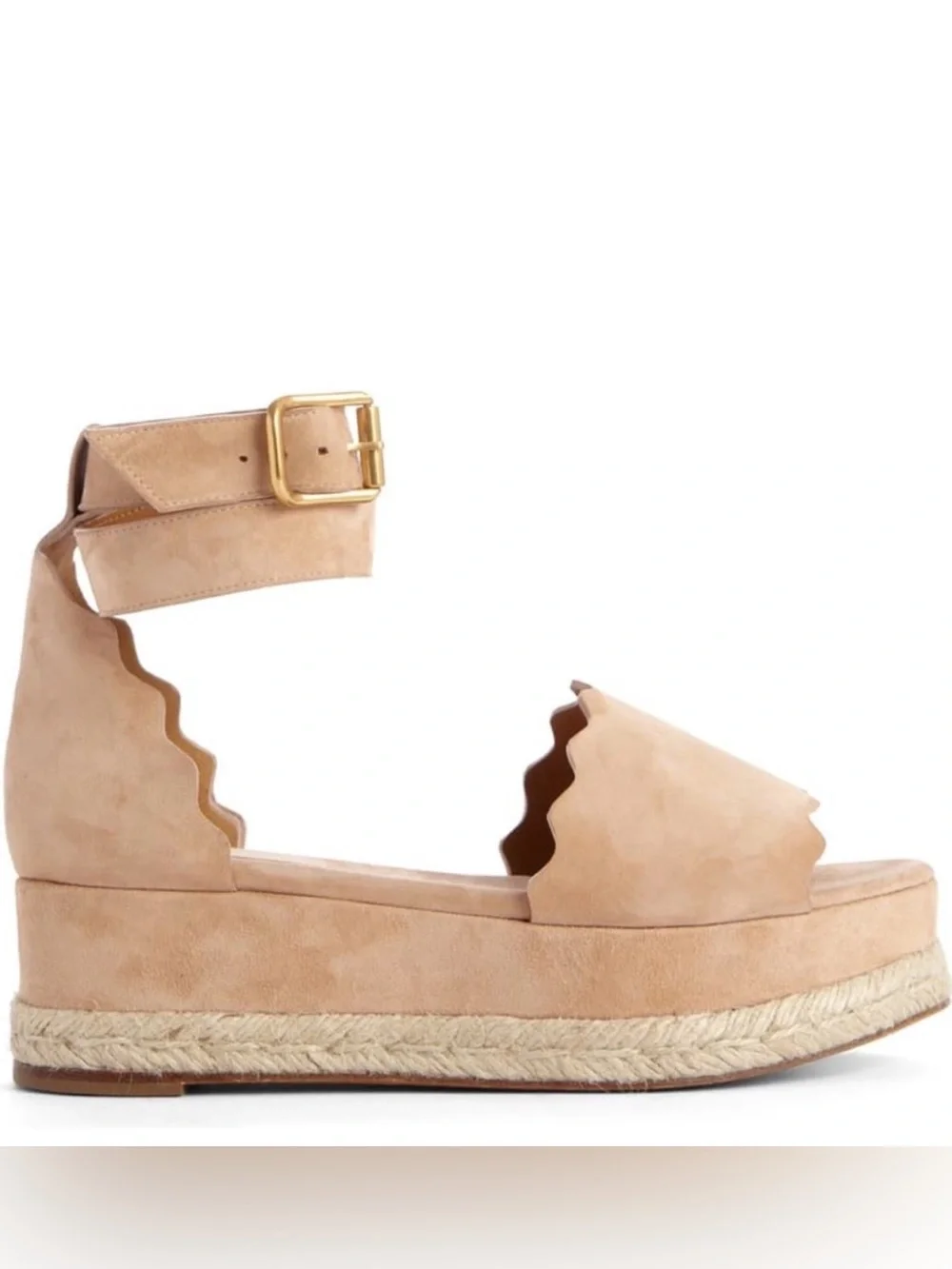 Chloe Beige Suede Scalloped Trim Lauren Ankle Wrap Flatform Espadrille Sandals